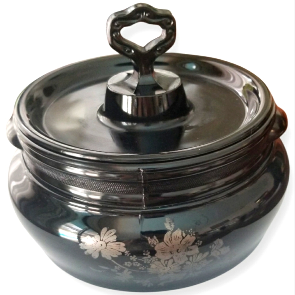 L.E. Smith Black Glass Greek Key Covered Bean Pot